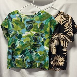SHEIN Green and Black Leaf Print Tops